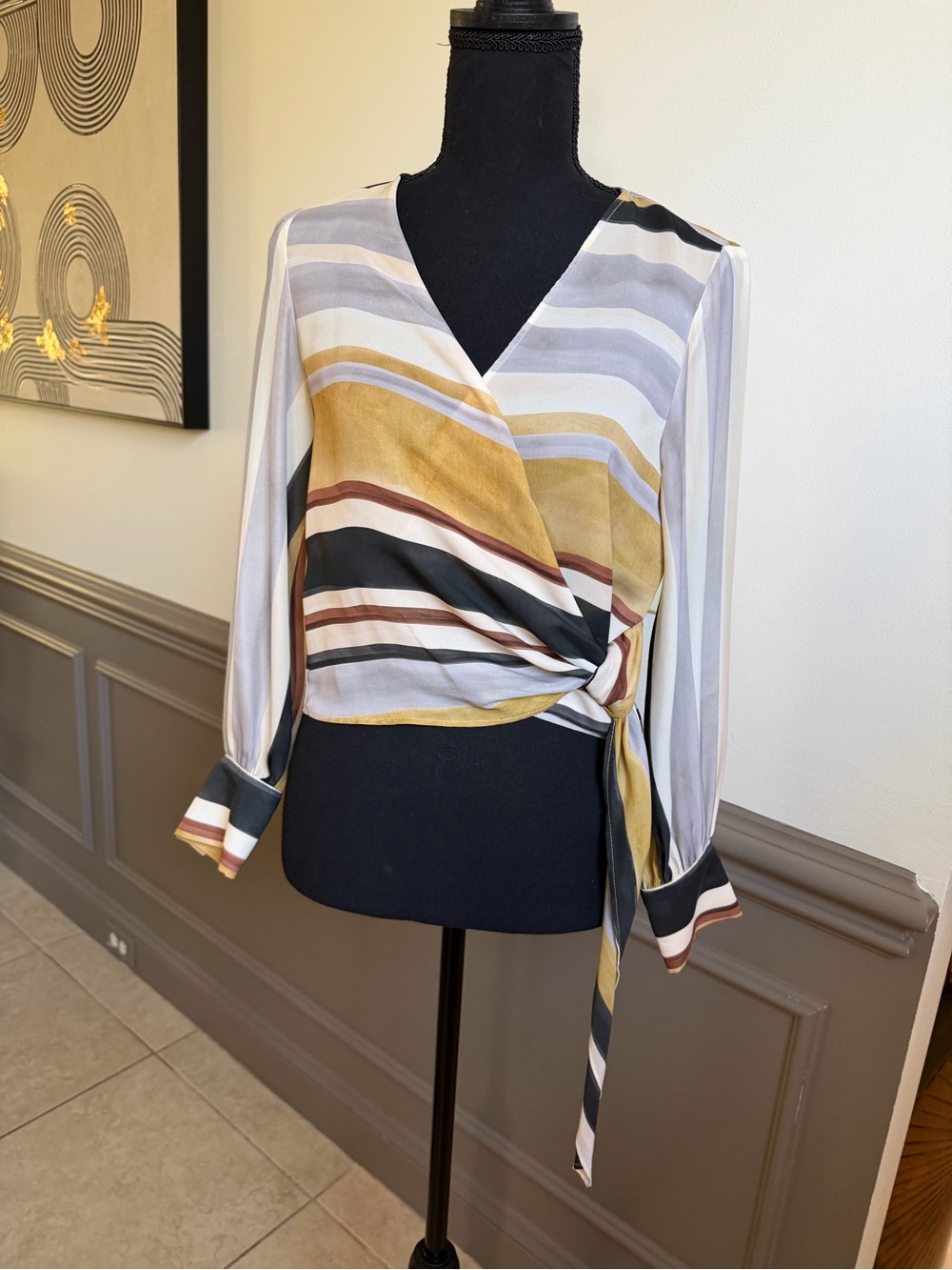 Zara Striped Wrap Blouse in Mustard, Black & Cream